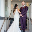 Bride In Lace Sheath Wedding Dress Called Delilah By Maggie Sottero With Groom