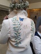 Bride In Long Sleeve Lace Wedding Dress Called Iris By Rebecca Ingram In Personalized Leather Jacket