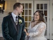 Bride wearing Seneca wedding dress by Sottero and Midgley smiling at her husband
