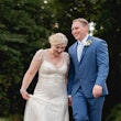Groom With Bride Wearing Vintage Style Satin Sheath Wedding Dress Ettia By Maggie Sottero 
