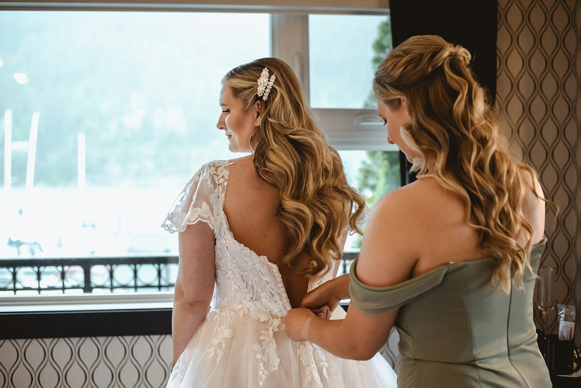 Bride Wearing Lace Aline Wedding Dress Called Harlem By Maggie Sottero Getting Dressed