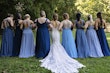 Bride In Sexy Lace Wedding Dress Called Giana By Maggie Sottero With Bridesmaids In Blue