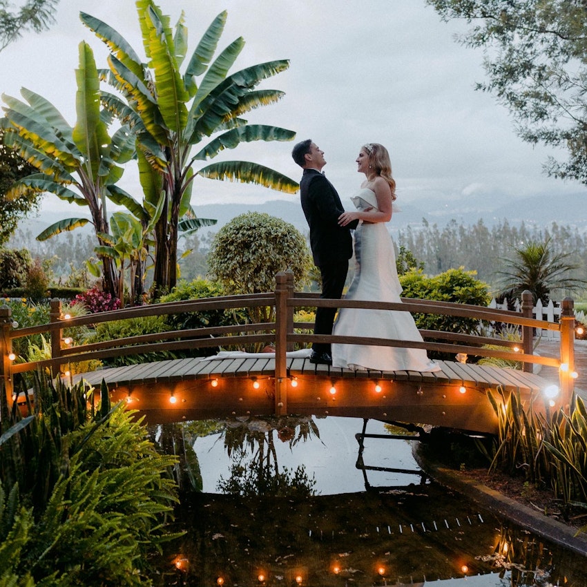 Groom Holding Bride on a Bridge in the Tropics Wearing Bridal Gown Called Mitchell by Maggie Sottero