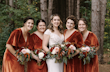 Bride Wearing Crepe Lace Wedding Dress Called Anson By Sottero And Midgley With Bridemaids Wearing Rust Colored Gowns