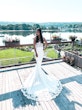 bride in lace crepe sheath wedding dress