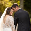 Groom With Bride Wearing Long Sleeve Sheath Wedding Dress Althea By Maggie Sottero