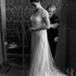 Bride Wearing Ivory Satin Sheath Wedding Dress Ettia By Maggie Sottero