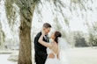 Groom With Bride Wearing White Lace A-line 