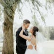 Groom With Bride Wearing White Lace A-line