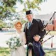 Bride Wearing Lace Long-Sleeve Wedding Gown Called Raphael By Maggie Sottero With Bagpipe Player