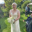 Bride Wearing Vintage Style Satin Sheath Wedding Dress Ettia By Maggie Sottero