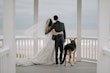 Bride wearing Frederique wedding gown by Maggie Sottero with her husband and dog