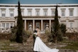 Groom With Bride Wearing Mikado A-Line Wedding Dress Raven By Maggie Sottero