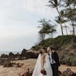 Bride On Beach With Groom In Strapless Wedding Dress Called Monaco By Maggie Sottero