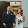 Bride Wearing Lace Crepe Bridal Dress Called Bracken By Sottero And Midgley Holding Hands With Groom