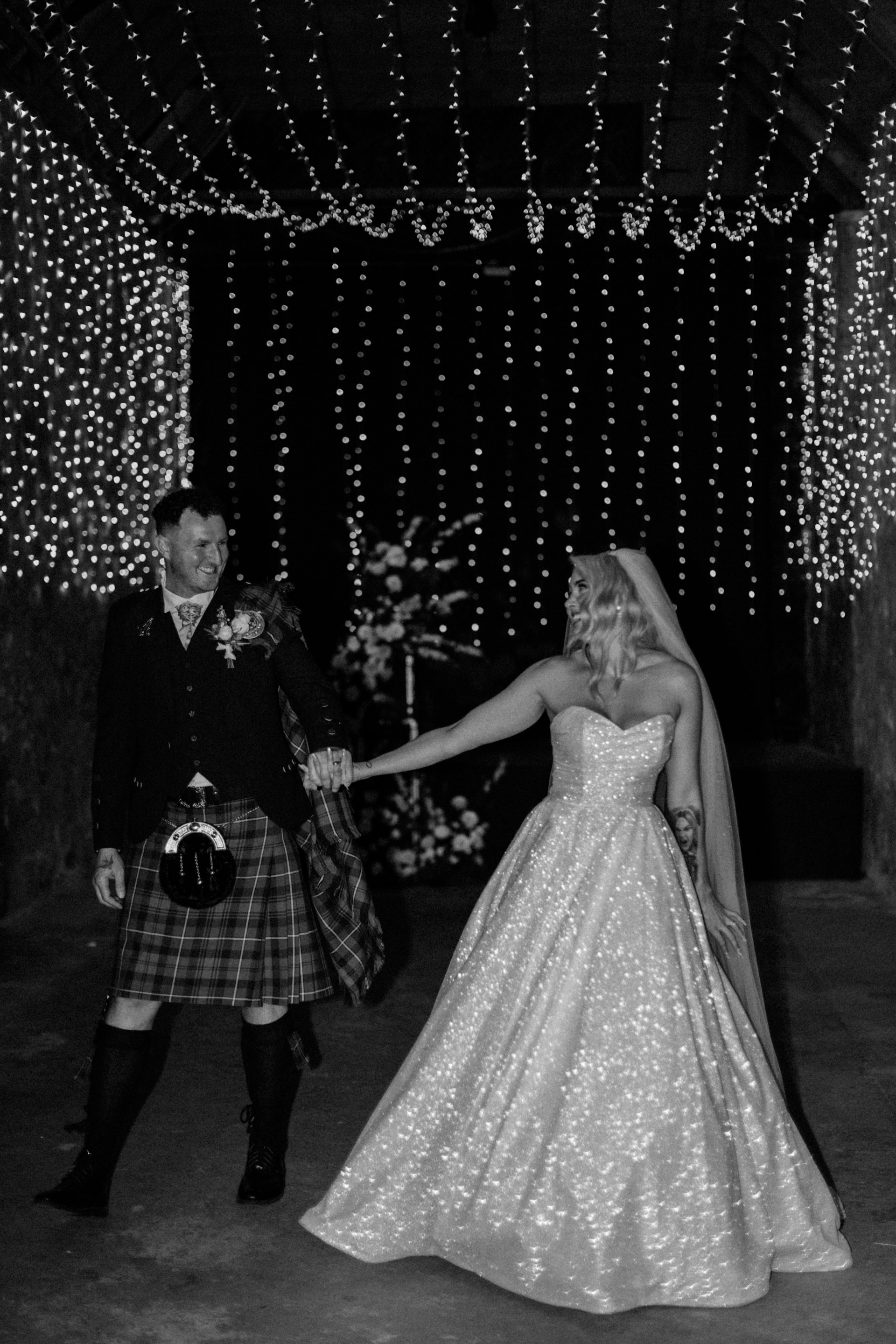 Bride Wearing Sparkly Aline Wedding Dress Called Anniston With Groom Wearing A Kilt