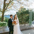 Bride Wearing Satin Aline Wedding Dress Called Ekaterina By Maggie Sottero With Groom