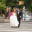 Bride Wearing Simple Ballgown Wedding Dress Called Fortune By Maggie Sottero With Groom Walking Across The Street