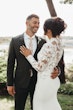 Bride Wearing Crepe And Lace Bridal Dress Called Dionne By Rebecca Ingram With Groom