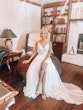 Boho Bride in Beaded Chiffon Sheath Wedding Dress Called Lorraine by Rebecca Ingram