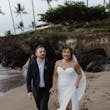 Bride On Beach With Groom In Strapless Wedding Dress Called Monaco By Maggie Sottero