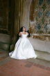 Bride Wearing Simple Aline Wedding Dress Called Selena By Maggie Sottero With Black Tulle Gloves