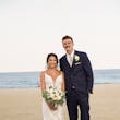Groom with Dog and Bride at Beach Wedding with Bouquet Wearing Sexy Mermaid Wedding Dress called Tuscany by Maggie Sottero.