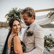 Bride Wearing Black Fit And Flare Wedding Dress Called Zander Lane By Sottero And Midgley With Groom