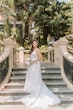 Real Bride in Floral Lace Boho A-Line Wedding Dress with Deep Illusion V-Neckline Called Lorenza by Maggie Sottero 