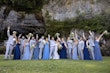 Bride In Sexy Lace Wedding Dress Called Giana By Maggie Sottero With Bridesmaids In Blue And Groomsmen in Gray