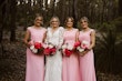 Bridal Party with Bride in Vintage Inspired Puff Sleeve Mermaid Wedding Dress in 3-D Floral Motifs Called Cruz by Sottero & Midgley