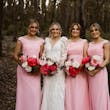 Bridal Party with Bride in Vintage Inspired Puff Sleeve Mermaid Wedding Dress in 3-D Floral Motifs Called Cruz by Sottero & Midgley