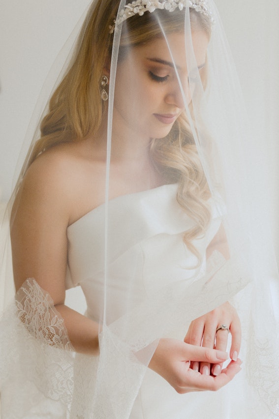 Bride Wearing Veil and Wedding Gown Called Mitchell by Maggie Sottero