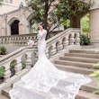 Bride wearing dress called Tuscany Royale standing on steps with train cascading them.