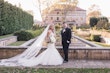 Bride Wearing Lace Mermaid Wedding Dress Called Alistaire By Maggie Sottero With Groom On Mansion Grounds