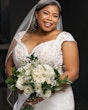 Bride Wearing Chic Crepe Wedding Gown Called Anson By Sottero And Midgley Smiling