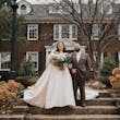 Bride Wearing Floral Jacquard Princess Wedding Gown Called Cyprus By Sottero And Midgley With Groom On A Staircase