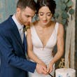 Bride In Simple Crepe V-neck Theodora Rebecca Ingram With Groom