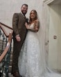 Groom with Real Bride in Floral A-Line Wedding Dress with Soft, Dreamy Layers Called Lorenza by Maggie Sottero