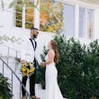 Bride In Lace Crepe Wedding Dress Called Baxley By Rebecca Ingram With Groom