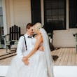 Groom With Bride Wearing A-Line Lace Wedding Dress Marisol By Rebecca Ingram
