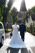 Real Bride in Romantic Cap-Sleeve Chiffon Wedding Gown with Sweetheart Neckline Called June by Maggie Sottero