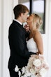 Bride In Ruched Draped Beading Alberta by Maggie Sottero with groom