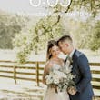 Bride with groom wearing affordable floral ballgown wedding dress.