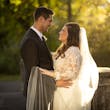 Groom With Bride Wearing Long Sleeve Sheath Wedding Dress Althea By Maggie Sottero