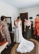 Bride Wearing Unique Boho A-Line Wedding Dress Keating By Rebecca Ingram