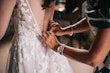 Real Bride in Floral Lace A-Line Wedding Dress with Beaded V-Neckline Called Sasha by Maggie Sottero