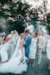 Bride and groom kissing while the wedding party cheer and celebrate.