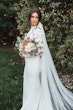 Bride Wearing Crepe And Lace Bridal Dress Called Dionne By Rebecca Ingram