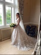 Real Bride in Floral Lace A-Line Wedding Dress with Beaded V-Neckline Called Sasha by Maggie Sottero